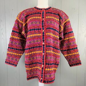 Vintage‎ 80s Cardigan Sweater M Fair Isle Cabincore Chunky Knit Metallic Thread